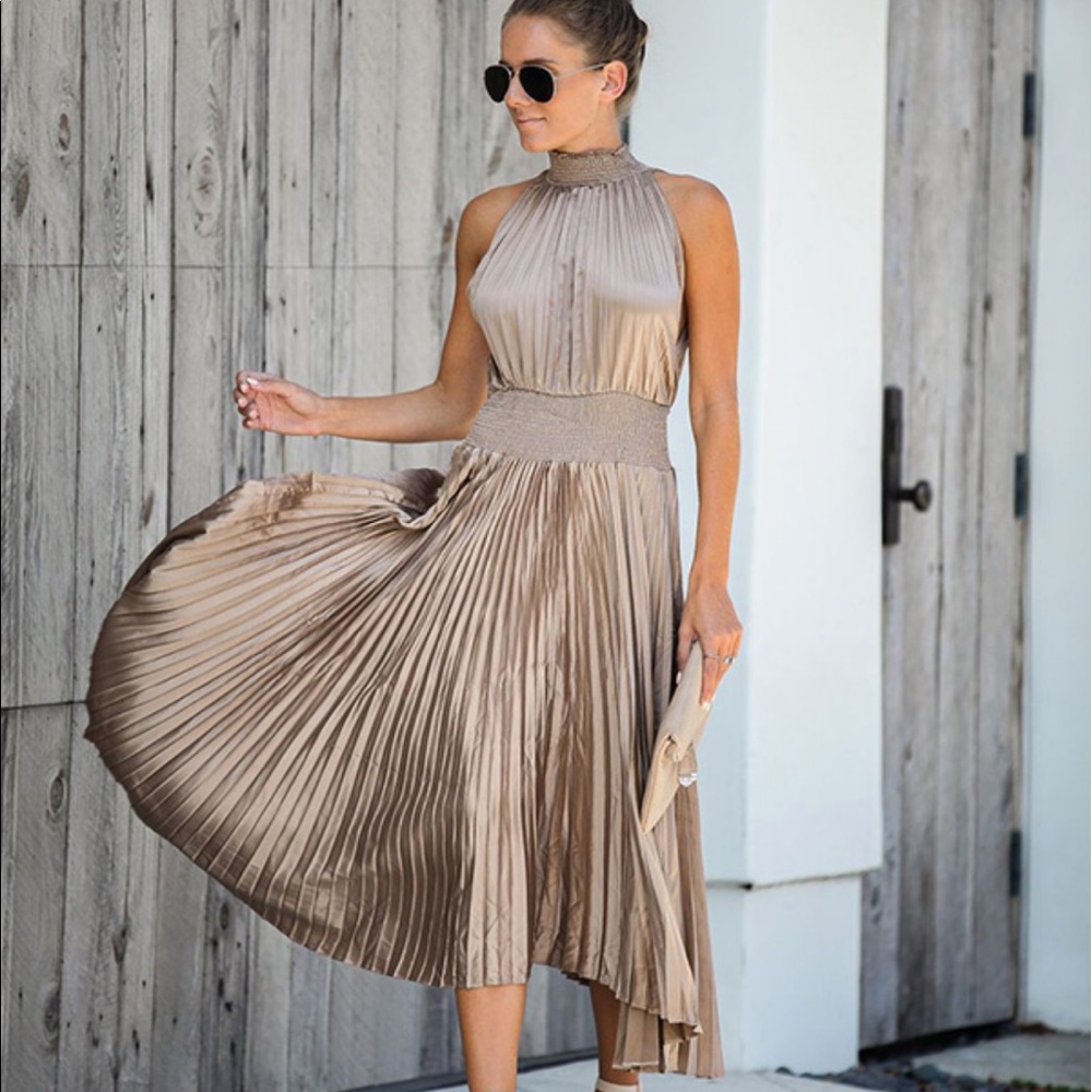 Justification Pleated Satin Smocked Midi Dress